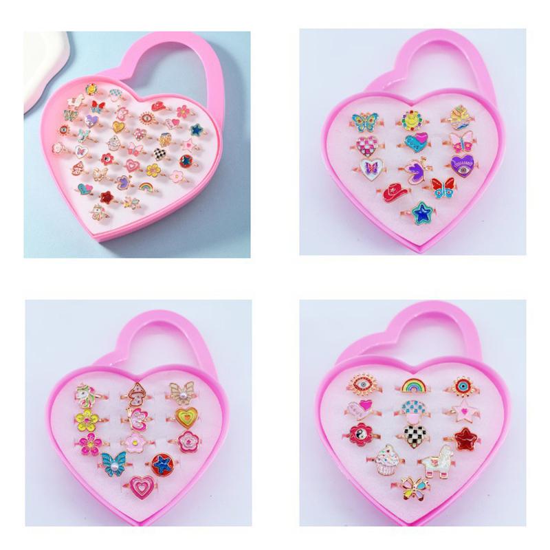 12/36PCS Metal Adjustable Rings with Box Cute Gifts for Woman Makeup Cartoon Jewelry Alloy Ring Dress Up Accessories TMZ