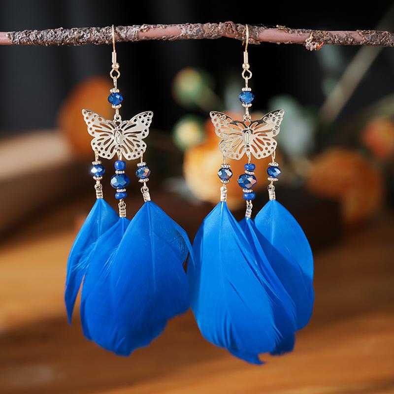

Fashion Temperament Butterfly Feather Earrings for Women Ethnic Style Crystal Beads Dangle Earring Female Wedding Party Jewelry королівський синій колір