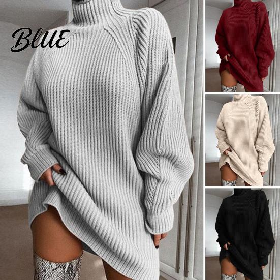 Sweater Dress Solid Color Half High Collar Raglan Long Sleeve Loose Fit Knitting Autumn Winter Mini Knitwear Knit