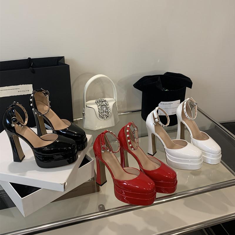 Fashion 2025 Summer Patent Leather Pearls Rhinestones Women Pumps Fashion Platform Wedge Ultra High heels Female Party Prom Chunky Shoes