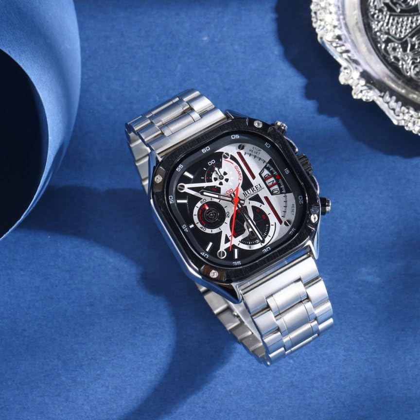 BUREI Men's Rectangular Face Chronograph Quartz Watch, Analog, Waterproof, Date Display, Stainless Steel, Silver, Gift for Men