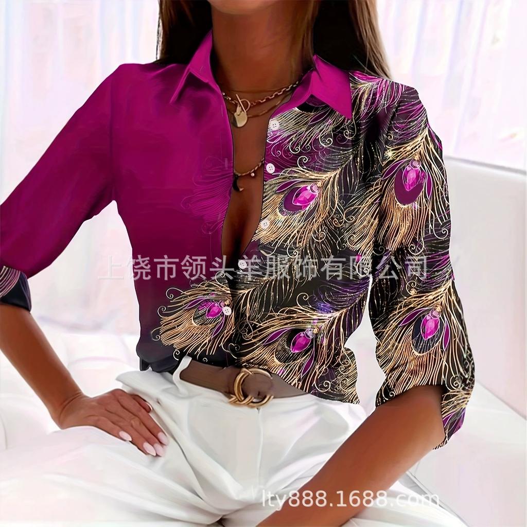 Peacock Feather Print Contrasting Satin Shirt, European and American Elegant Long-sleeved Top
