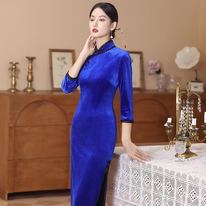 1011 autumn and winter new velvet cheongsam fashionable black size medium length nine-quarter sleeve banquet wedding women's clothing
