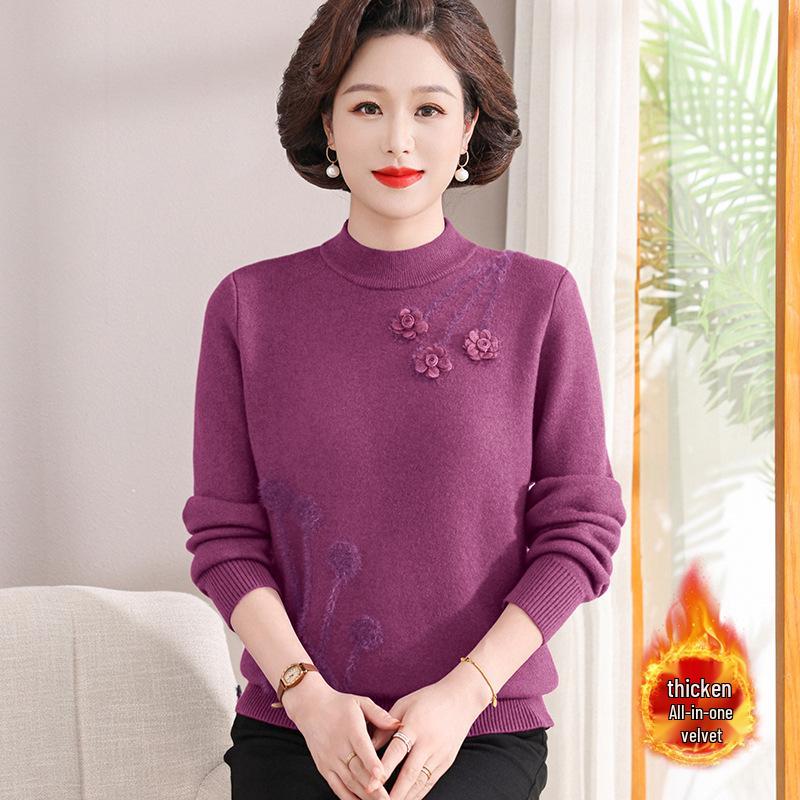 Mom's Velvet One-Piece Winter Base Layer Top for Middle-Aged & Elderly Women - Warm, Plus Velvet, Thick Knit