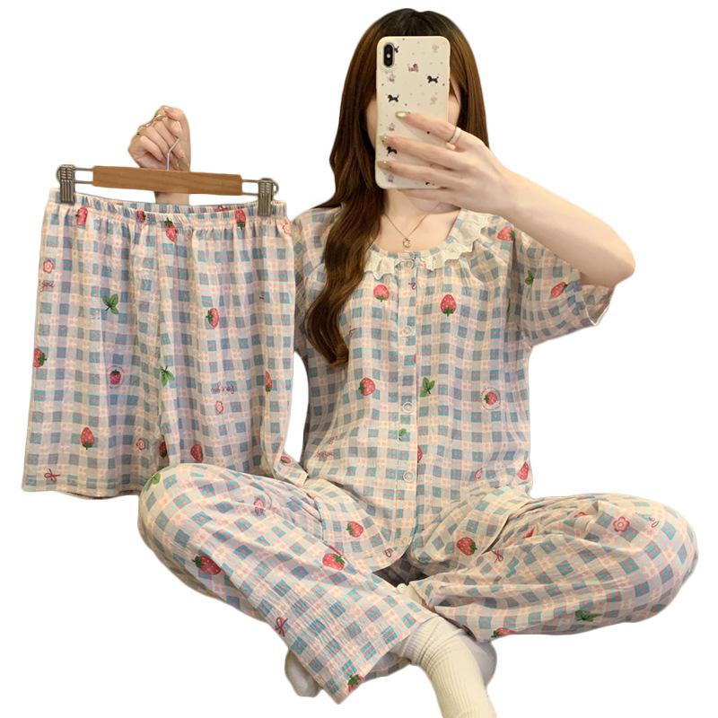 Retro Style Plaid Strawberry Cloud Cotton Pajamas Women'S Summer Short-Sleeved Short Lace Round Neck Loungewear Three-Piece Set