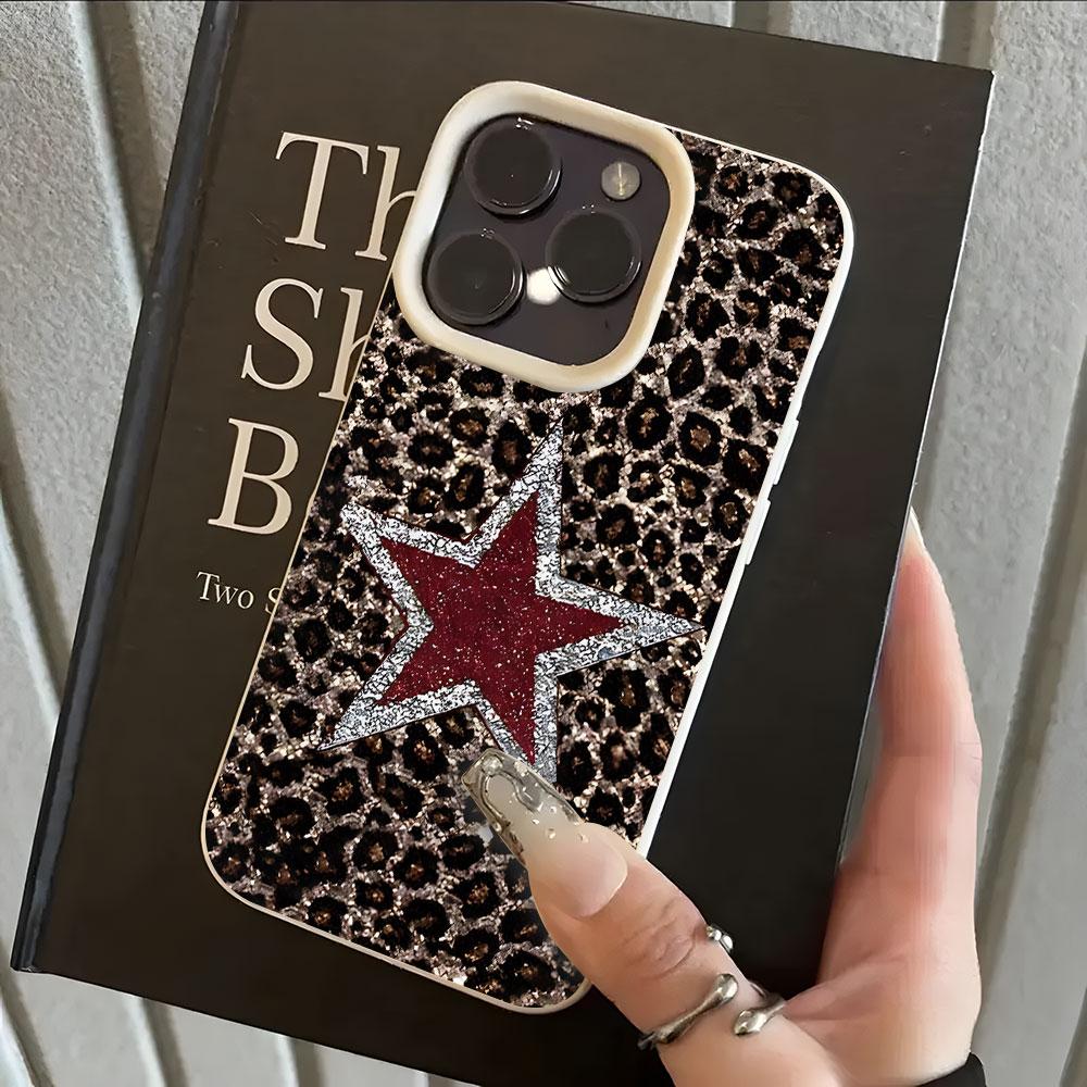 Leopard Print And Glitter Star Lychee Soft Phone Case For iPhone 17 16 15 14 13 12 11 Pro Max 15 14 Plus X Xs XR 17 Air Cover