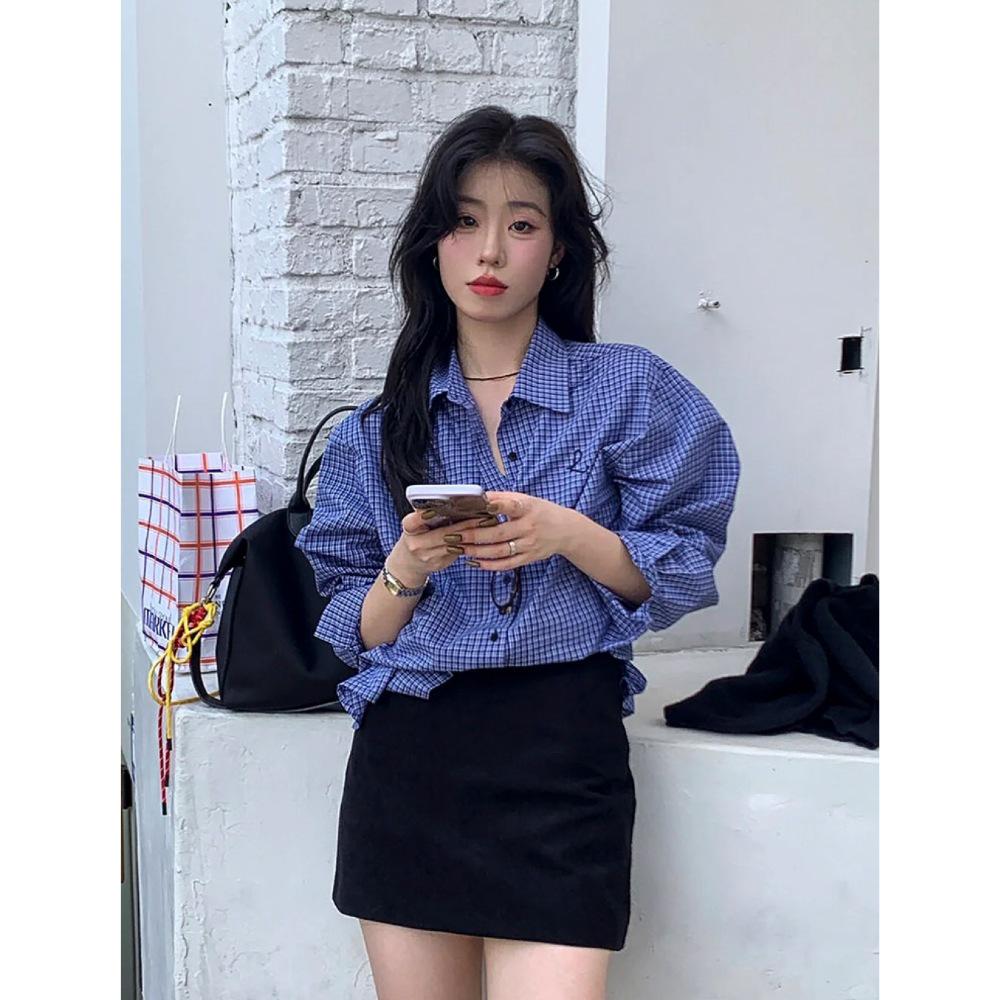 Korean Style Blue Plaid Embroidered Women s Autumn Long Sleeve Shirt S (Premium Quality) синий