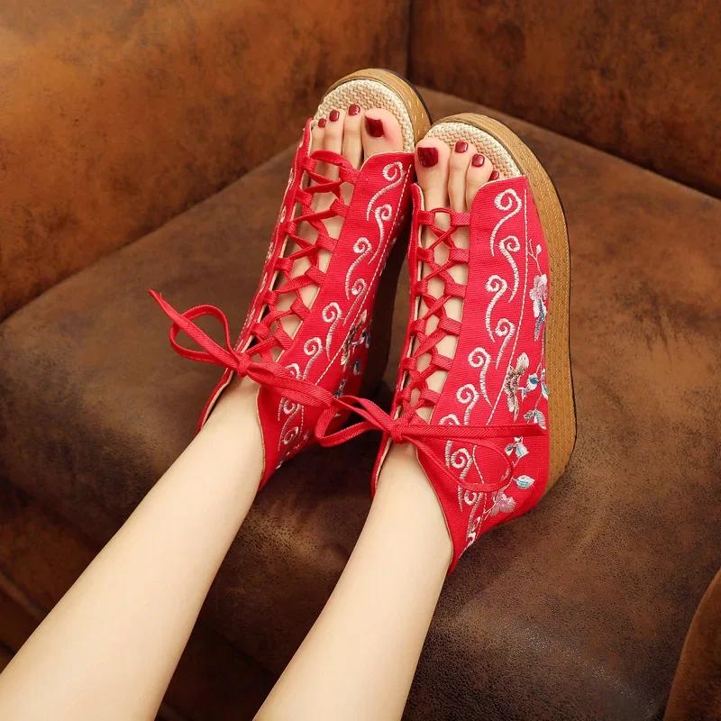 Fashion 2025 New National Style Embroidery Shoes High Heel Fish Mouth Thick Platform Muffin With Cloth Retro Women's Shoes Sandals
