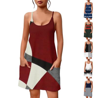 Γυναικείο Καλοκαιρινό Casual Φόρεμα με Τυπώματα και Τετράγωνο Ντεκολτέ Φόρεμα Τιραντάκι με Τσέπες