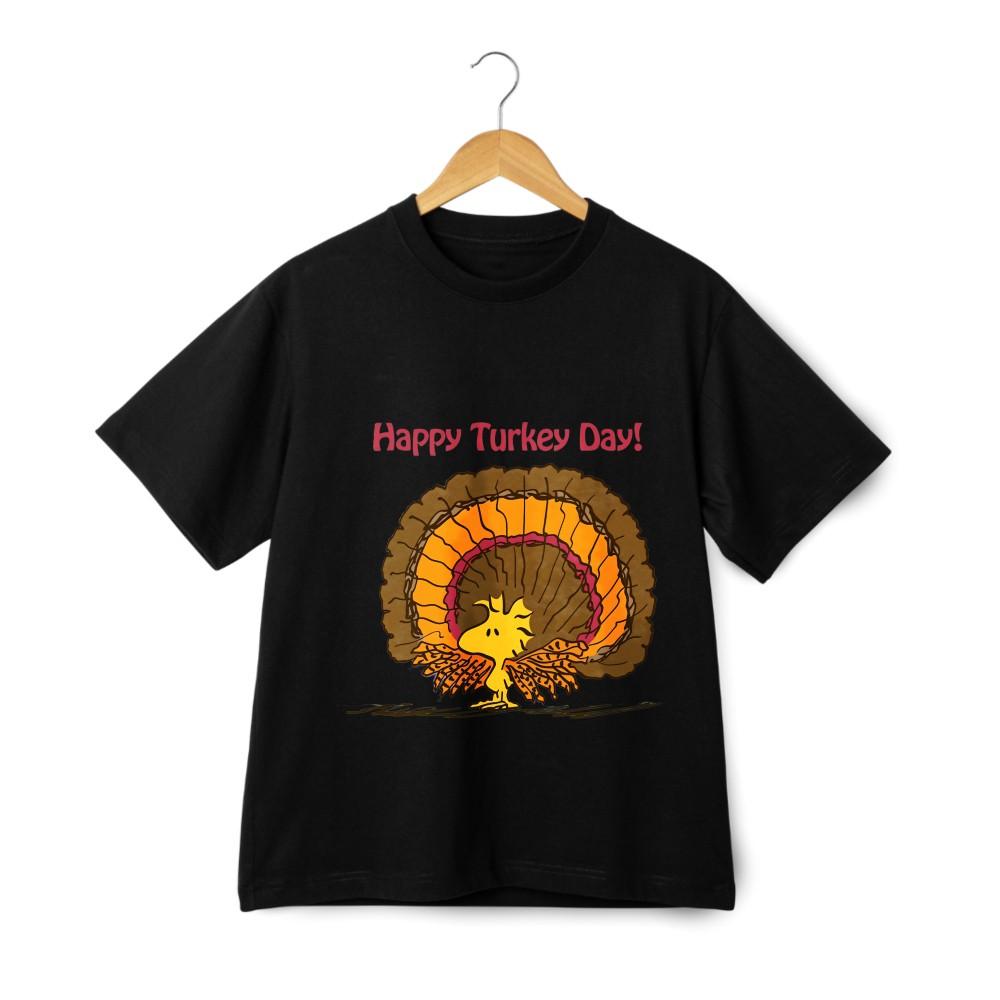 Woodstock Happy Turkey Day Tee-Cartoon Thanksgiving Shirt|Casual Holiday Outfit L