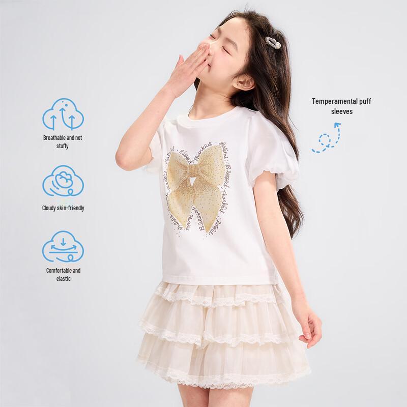 Girls' Rhinestone Bow Print Short Sleeve T-shirt