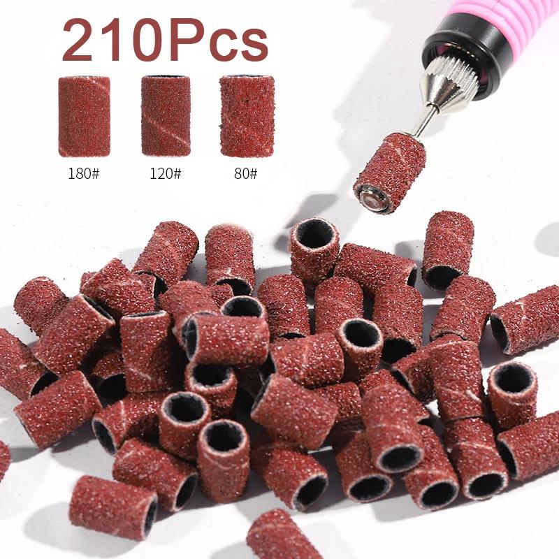 210pcs Sanding Cap Bands For Electric Manicure Machine 180/120/80 Grit Nail Drill Grinding Bit Files Pedicure Tool