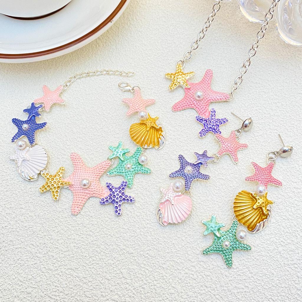 Vacation Style Colorful Starfish Zircon Shell Pendant Zircon Sets Fresh Fashion Necklace Earrings Bracelet Set for Women