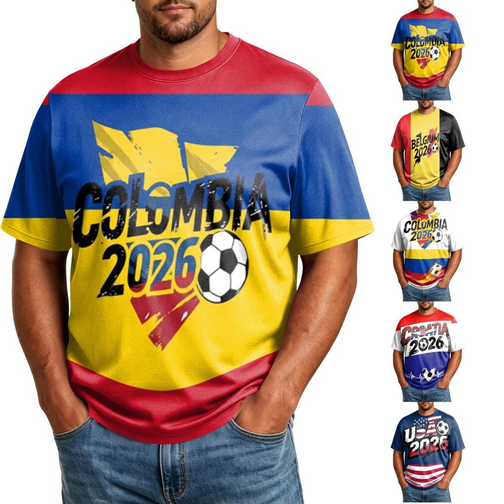 Men’s World Football Themed Plus Size Comfortable Breathable Casual Loose Fit T-Shirt with Printed Graphic Design for Sports Events