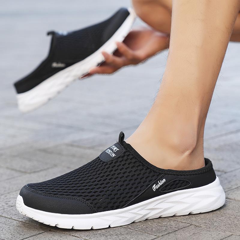 Herren Sommer Mesh Herrenschuhe große Größe 47 atmungsaktive Meshschuhe ein Pedal weiche Sohle leicht großes Mesh halbe Pantoletten Lazy Stoffschuhe