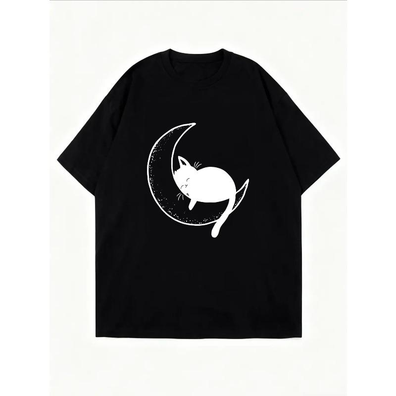 Biała Koszulka Z Nadrukiem Kota i Księżyca Do Codziennego Użytku
