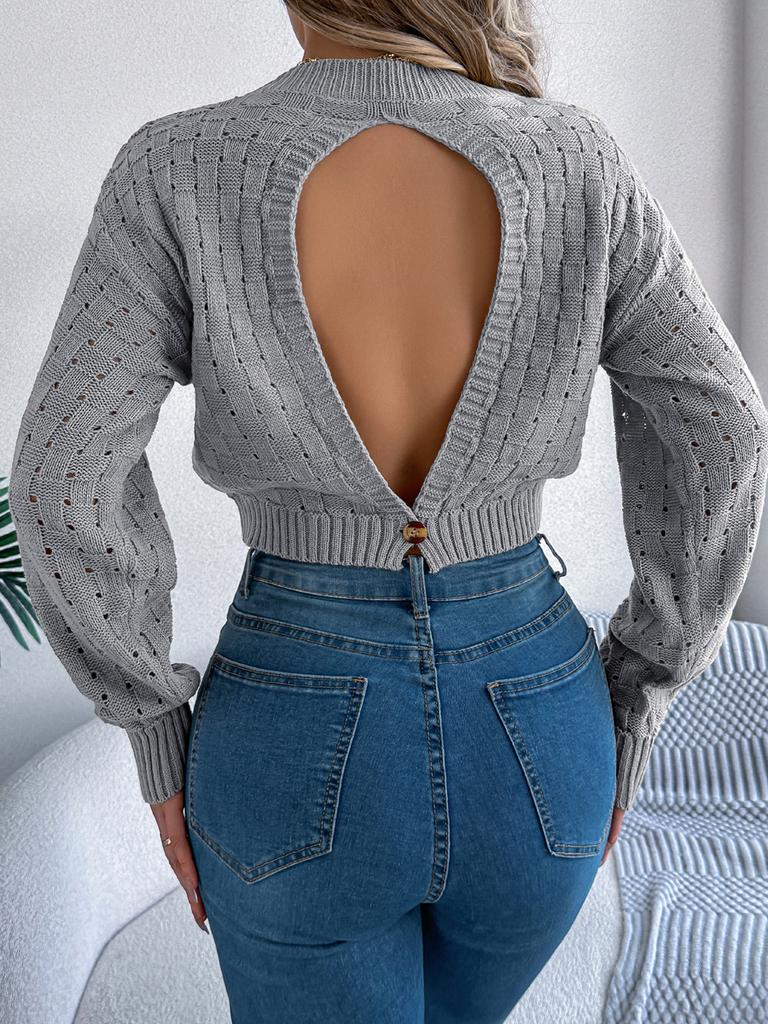 Autumn Winter Sexy Low Back Button Hollow Long Sleeve Turtleneck Sweater Women's Clothing