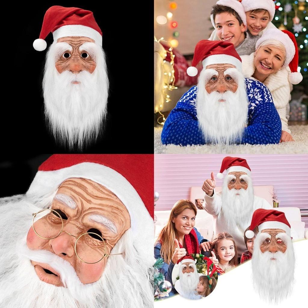 Christmas Latex Santa Claus Cap With White Beard Mask Role Play Fun Props
