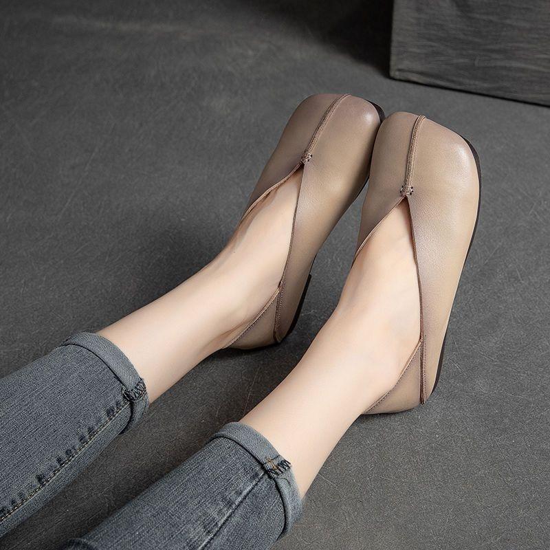 New Women'S Flat French Shoes Square Toe Genuine Leather Soft Sole Comfortable Pumps Fashion Loafers Casual Spring Autumn