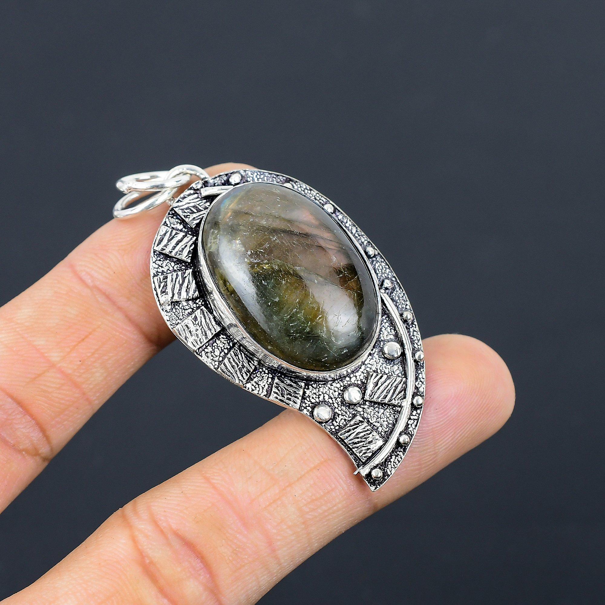 Daughters Day Sale 925 Silver Natural Labradorite Bezel Third Eye Chakra Pendant