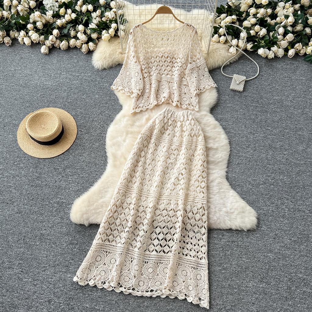 Dimanaf 2025 Nowa spódnica garniturowa damska dzianinowa plaża krótki rękaw koronka Hollow Out seksowna O-Neck Hollow letni styl topy koszulki luźne podstawowe