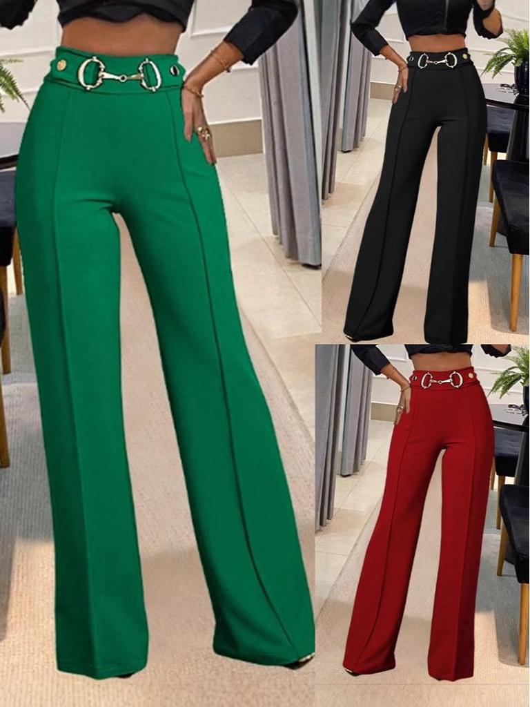 Women's High Waist Straight Leg Pants with Metal Buckle - New Solid Color Fashion Arrivals