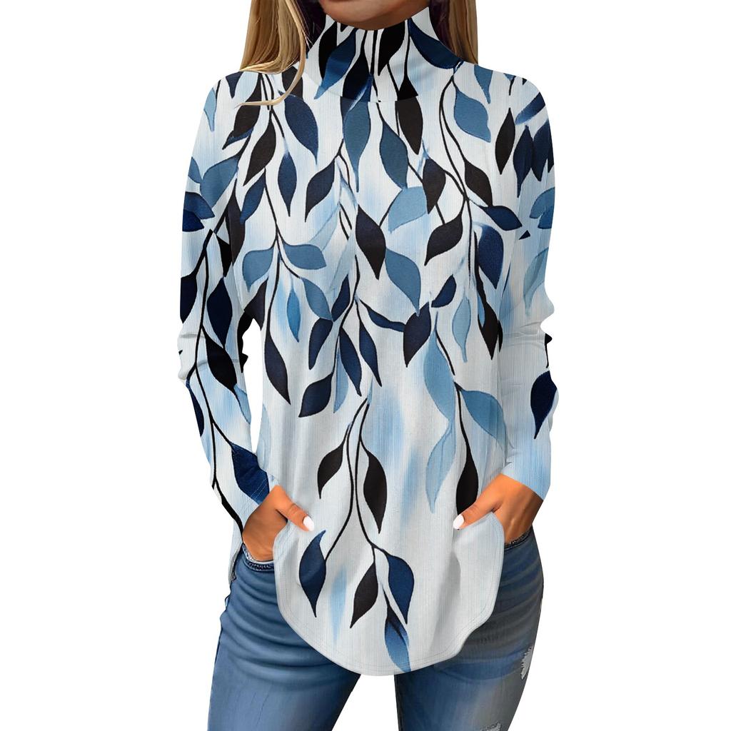 Tee Shirts For Women Fall Casual Long Sleeve Shirts Sweatshirt Vintage Printed High Neck Top Pullover