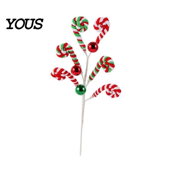 Xmas Tree Decoration Christmas Candy Cane Pick, Red White Green Plush Stem, Decorative Props Branch for Vase Filler, Wreath, Filler