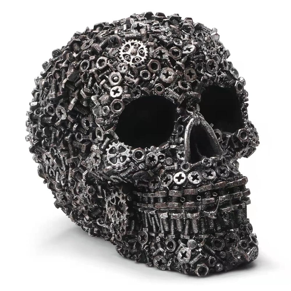 Creative Craft Skull Flowers Sculpture Horror Screw Gear Mechanical Style Statue Home Halloween Skeleton Head Decorative Crafts