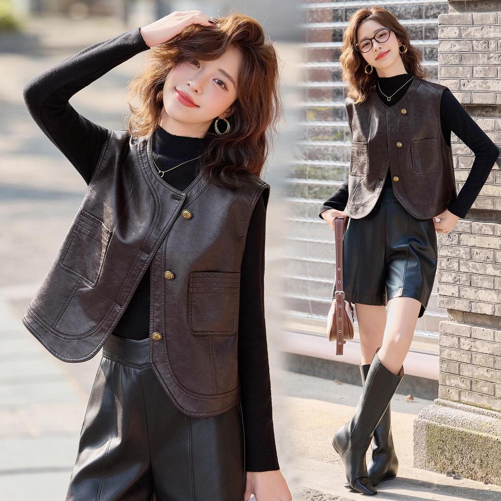 Women's Short Sheepskin Leather Motorcycle Vest - Autumn/Winter Korean Style Outerwear