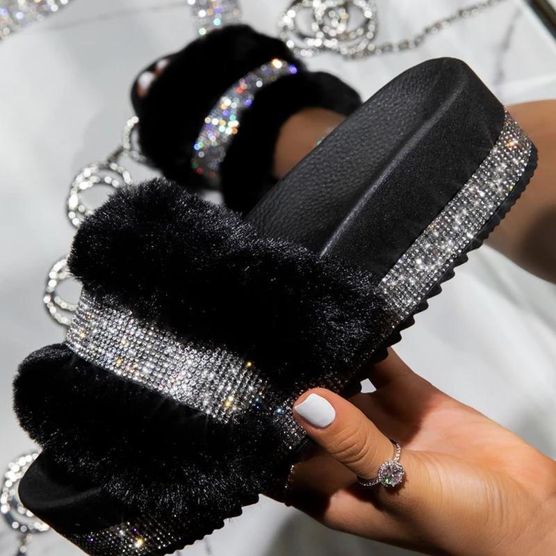 Luxusní Designové Ženy Kožešina Kamínkové Pantofle Platforma Klíny Podpatek Pevné Načechrané Chlupaté Skluzavky Venku Sexy boty Dámské Velkoobchod