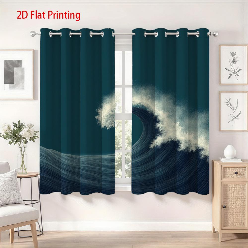 Set Of 2 Dark Blue Ocean Wave Pattern Curtains Flat Printing Semi Transparent Polyester Fabric Top Design Living Curtain With Grommet