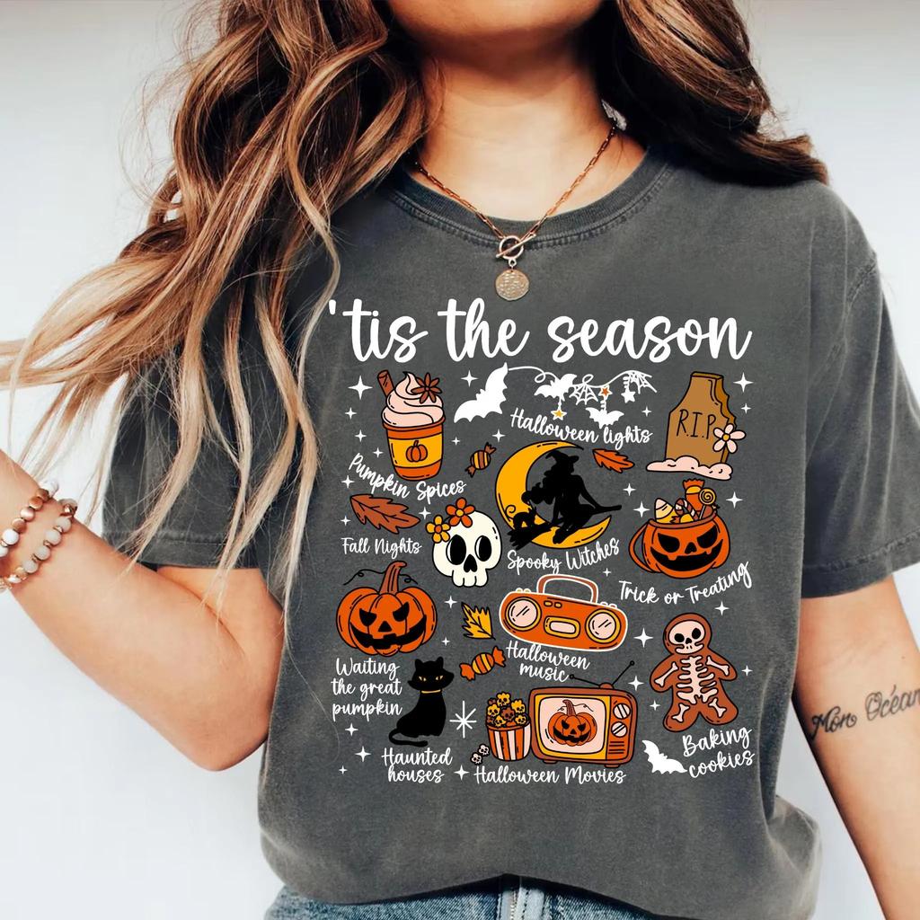 Women Dark Academia Funny Vintage Halloween Comfort Shirt Tis the Season Halloween Pumpkin Witch Daily Top Trendy Streetwear