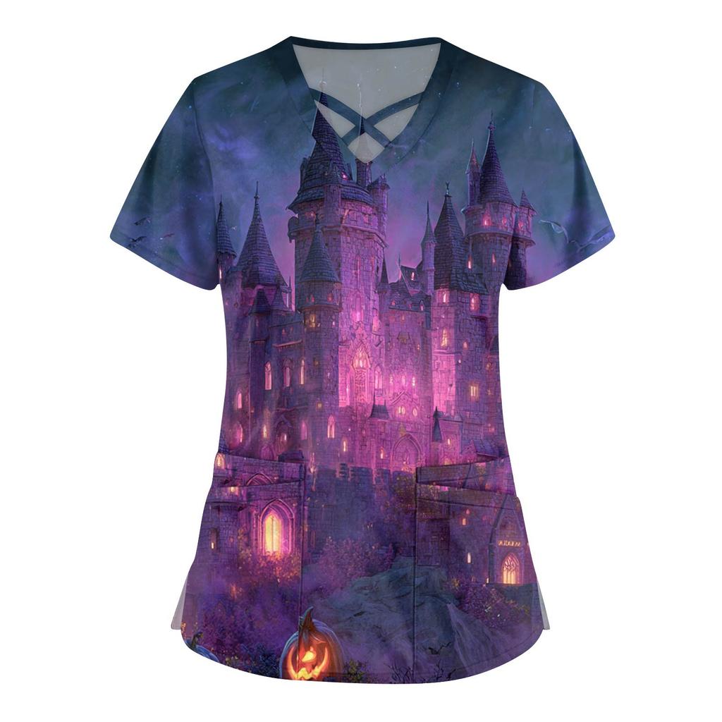 Women's Fashion  V-Neck Short Sleeve Overalls Double Pocket Halloween Printed Tops  Apparel