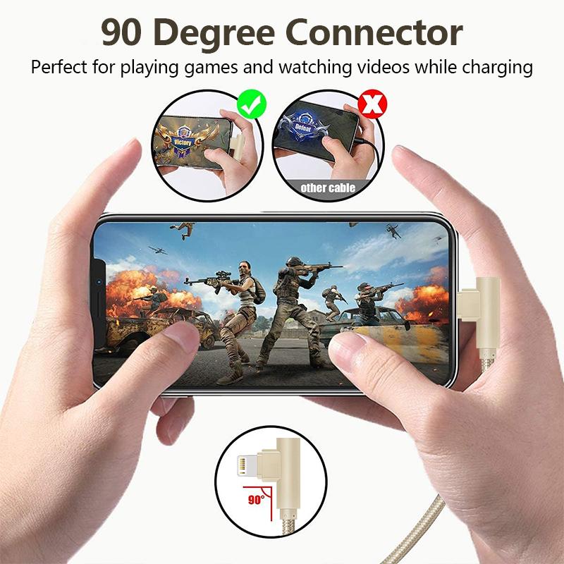 90 Degree USB Lightning Cable Cord Game Wire for 14 13 12 11 X XS XR XS Max 8 7 SE Ipad Fast Charging 3m