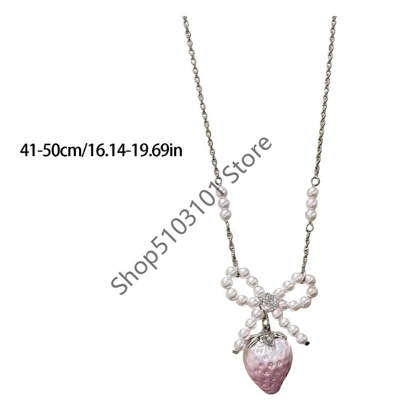 Sweet Strawberry Bowknot Pearls Pendant Necklace Elegant Beaded Neck Jewelry Piece For Women Girls Gift