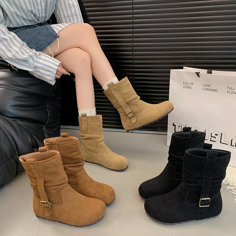 Retro design round head sleeve thin short boots women's autumn new niche versatile flat-bottomed fashion boots
