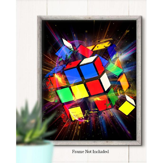 Govivo Exploding Rubik's Cube - Wall Art Decor Print with a Black Background - Unframed Artwork Printed On Photograph Paper