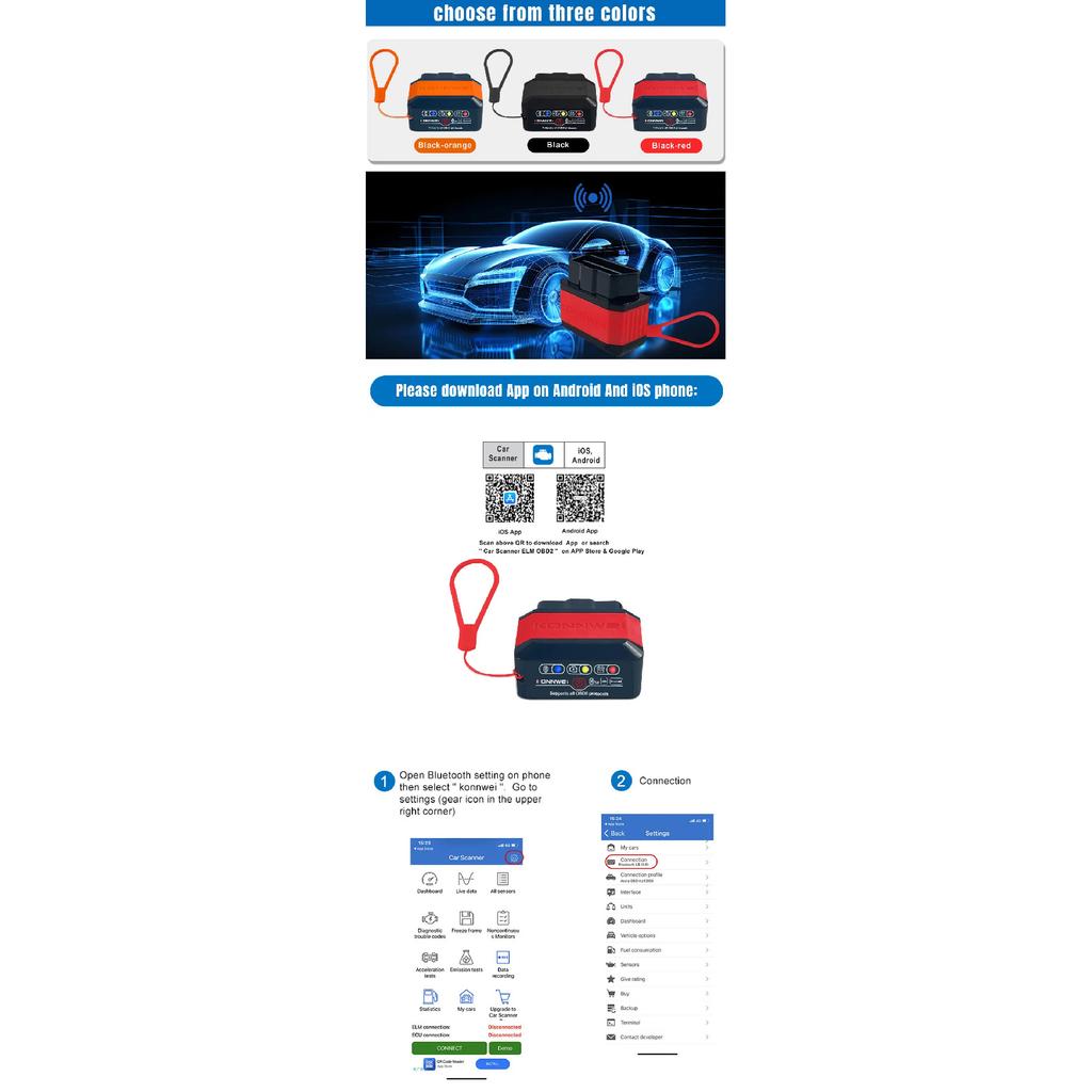 KONNWEI KW905 OBD2 ELM327 V1.5 Bluetooth 5.0 Scanners For Android/IOS ELM 327 OBD 2 Car Diagnostic Toosl Code Readers