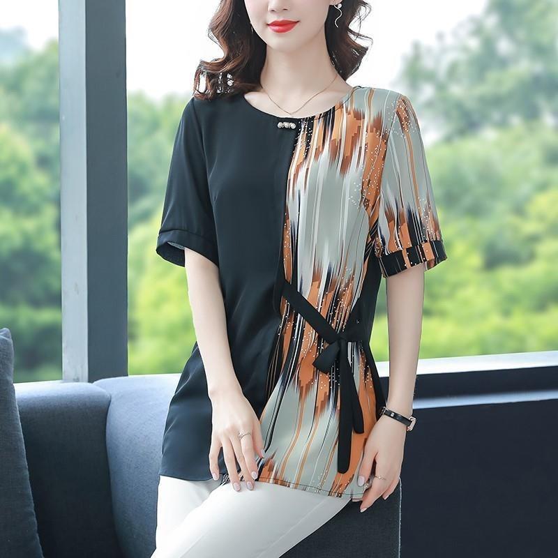 Western-style Loose Short-sleeved Chiffon Shirt Middle-aged and Elderly Summer Round-neck Fashionable Small Shirt