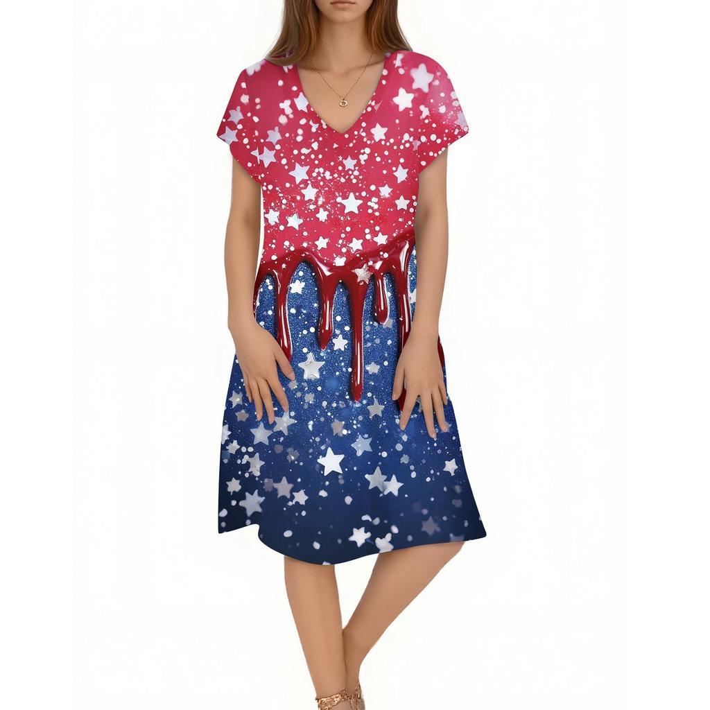 Women's Casual Fashion V-Neck Short Sleeve Floral Print Midi Flowing Dress