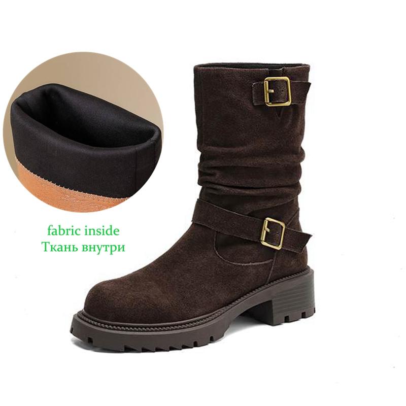 Krazing Pot Cow Suede Nubuck Winter Round Toe Western Boots Med Heels Slip On Metal Buckles Women Mid-calf Boots