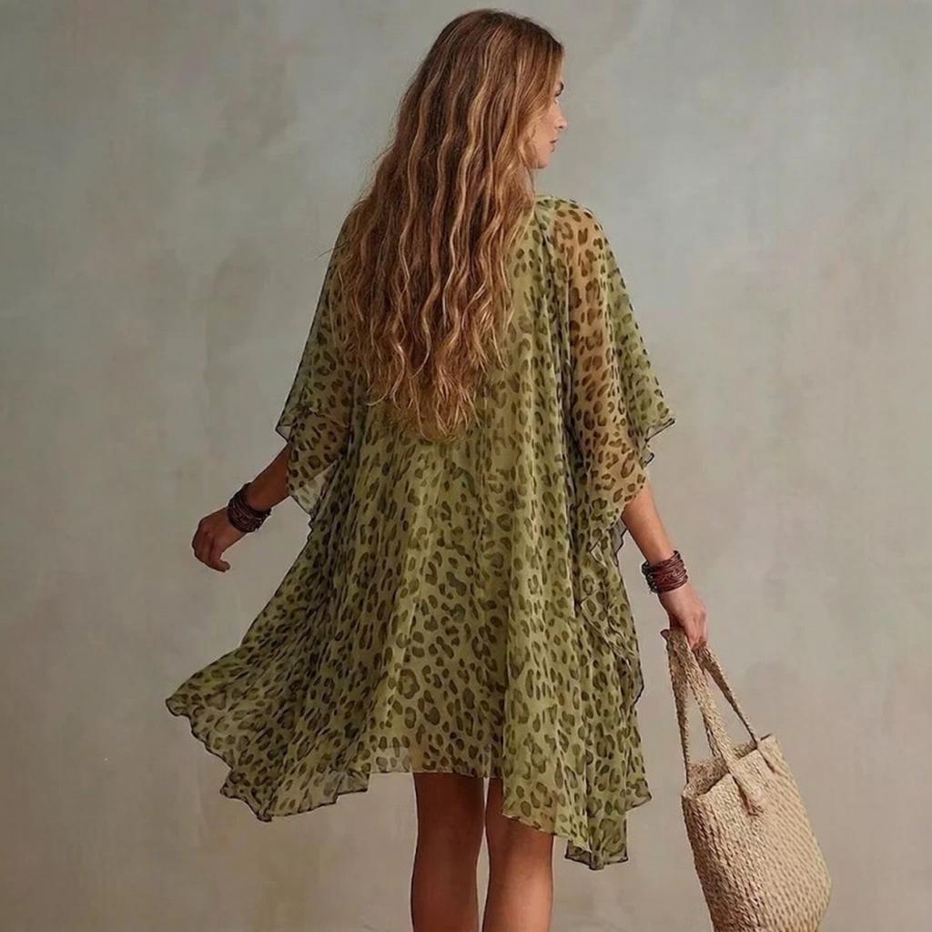 Women's Leopard Print V-Neck Loose Fit Beach Cover Up Dress for Summer Vacation