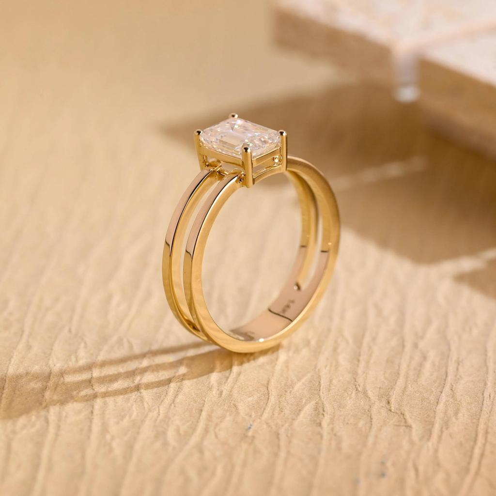 Emerald Cut Diamond Engagement Ring, Double Shank Minimalist Proposal Ring, Art Deco Bridal Ring, Anniversary Gift for Women
