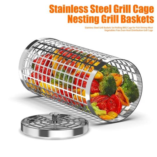 

Stainless Steel Grill Baskets Set Rolling BBQ Cage for Fish Shrimp Meat