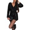 Women Fashion Temperament Shiny Sequin Romper Sexy Long Sleeve Short Jumpsuit Elegant Deep V Neck Wide Legs Playsuits
