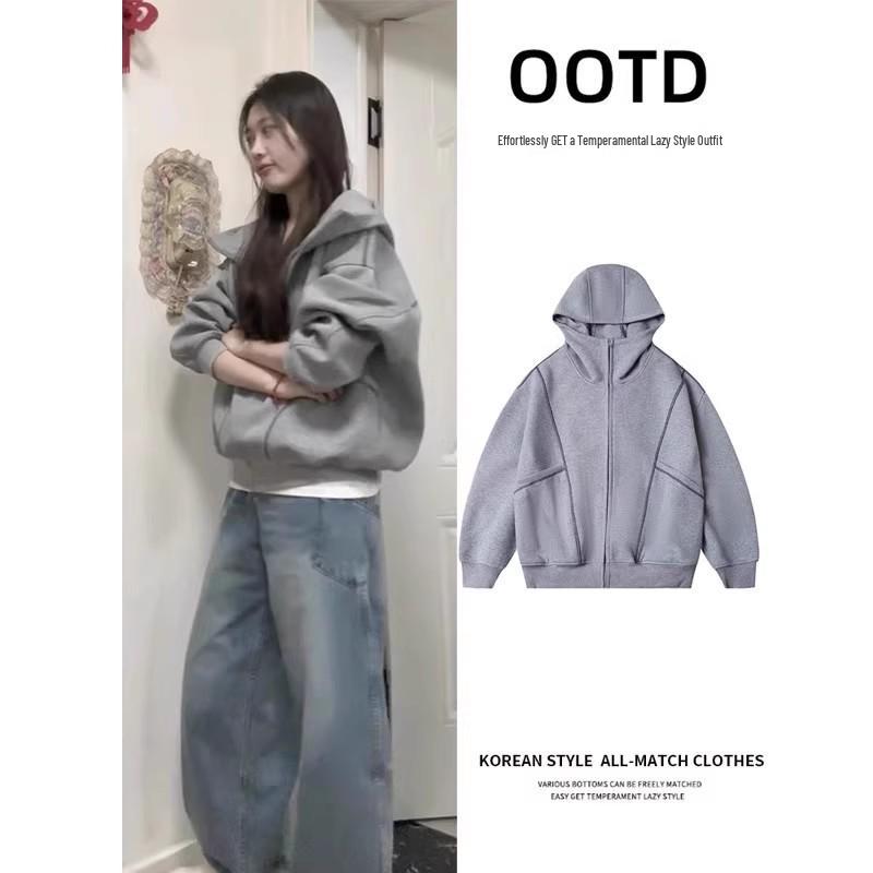 Women s Gray Hooded Sweatshirt Jacket | 2025 Autumn/Winter Korean Lazy Style | Plus Velvet M
