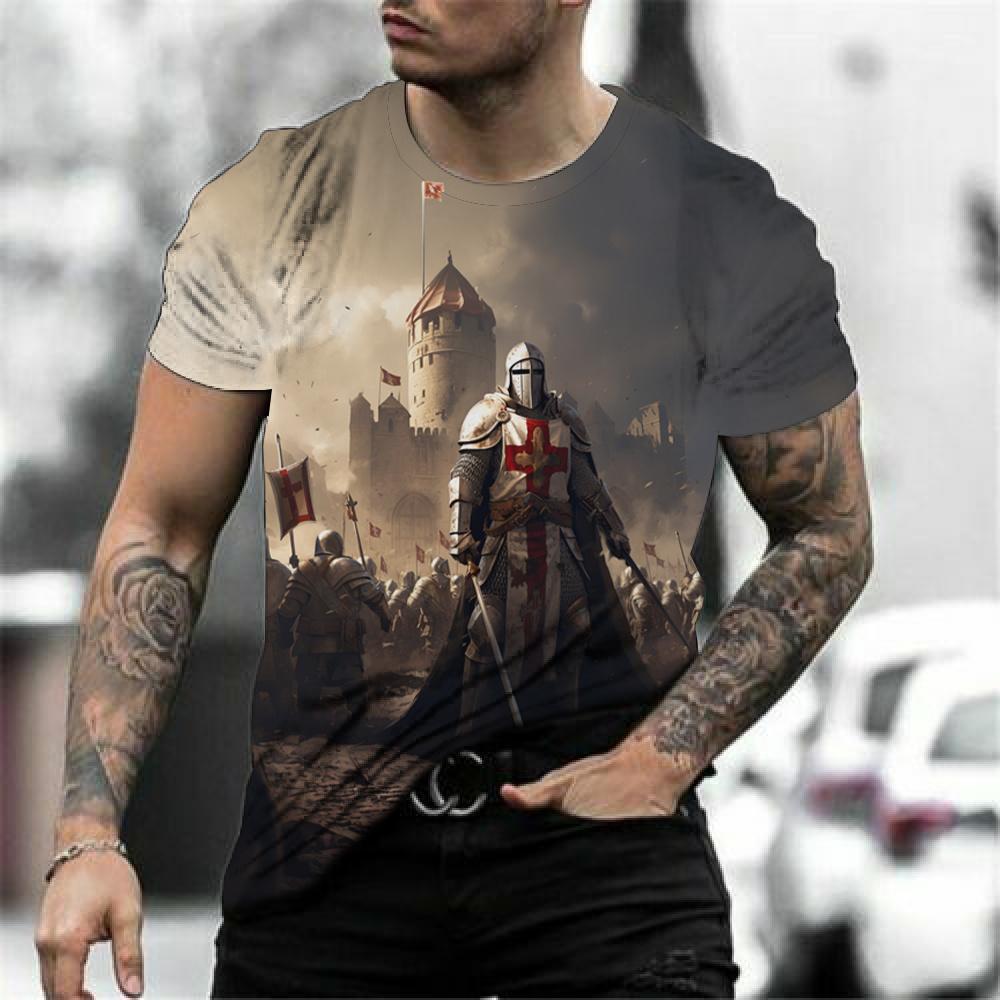 Retro Knights Templar Cross Print Unisex's T-shirts Summer Casual Loose Round- Neck Tee Shirt Sports Tees Oversized T Shirt For Unisex