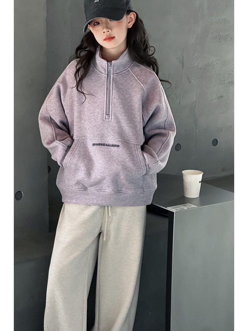 Детская осенне-зимняя толстовка 2025 года с бархатной подкладкой Свитшот с корейской надписью на молнии до середины с воротником-стойкой для подростков 130 cm 1850₽