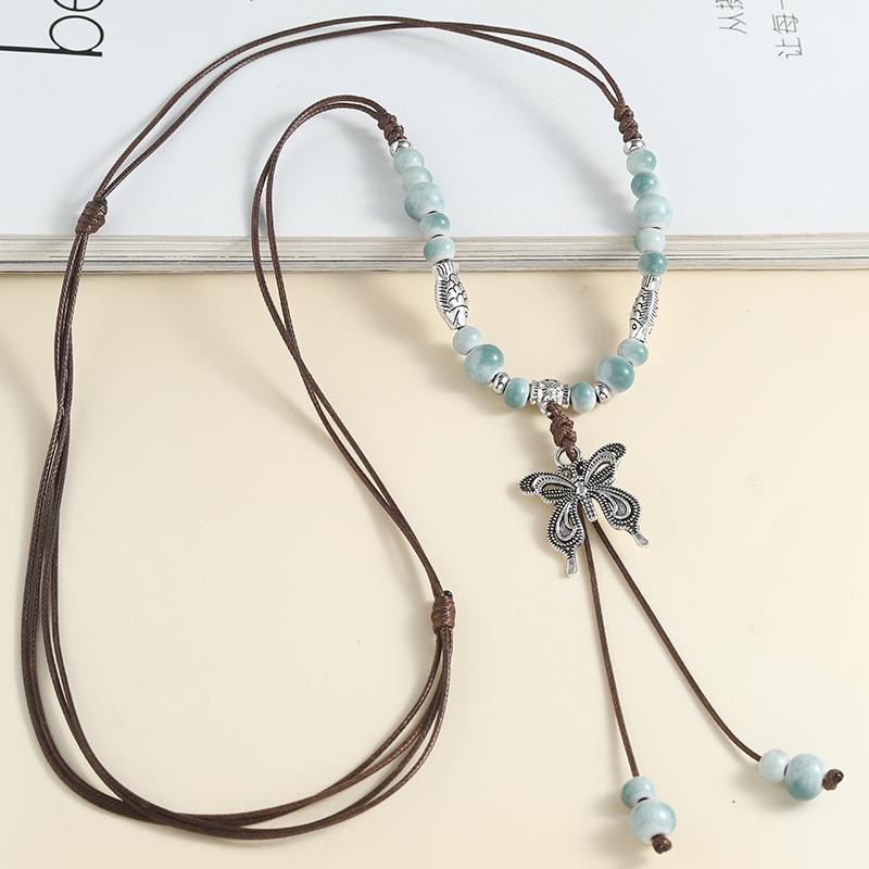 Chinese style long length sweater style accessory  butterfly necklace  ceramic  hanger cord
